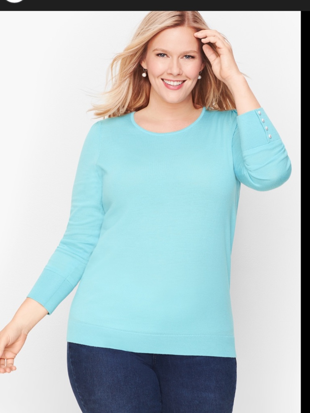 Talbots Gathered Shoulder  Aqua Crewneck Merino Sweater with Cuff Buttons 3XP